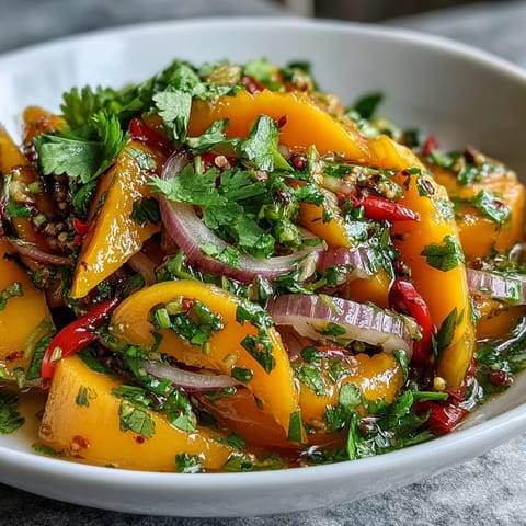 Bright, fresh mango salad topped with thinly sliced red onions and chilies, glistening with a tangy lime-honey dressing for a sweet and spicy kick. 