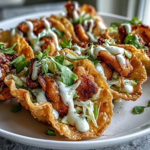 Golden-fried Crispy Chicken Wonton Tacos topped with tangy lime slaw and a drizzle of spicy mayo, ready for dinner.