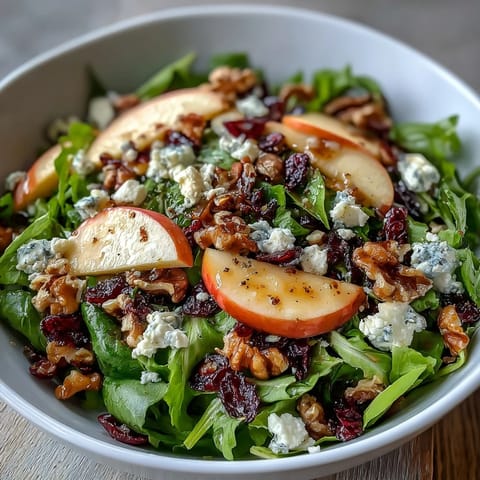 Vibrant Mixed Greens and Apple Bowl tossed with crisp apple slices, toasted walnuts, and tangy vinaigrette served on a white plate.