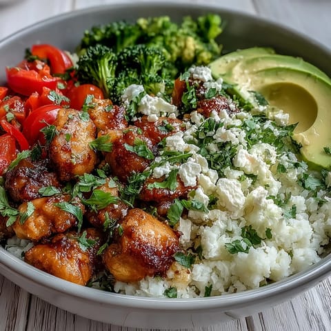 Colorful diced red bell peppers and fresh cherry tomatoes add vibrant flavor to this low-carb meal.