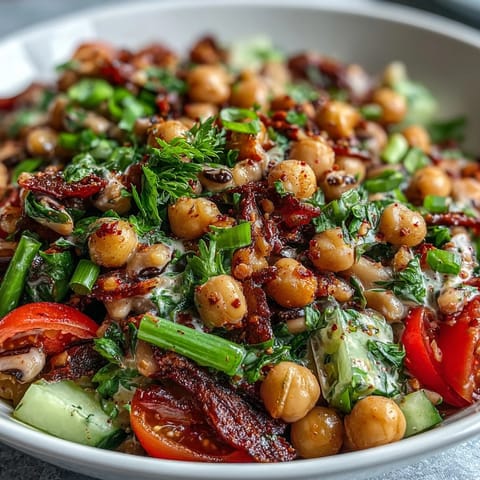 A festive close-up of New Years Hoppin John Salad showing diced red bell pepper, celery, and herbs on a rustic wooden table.