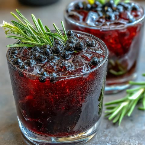 Barrel-aged bourbon and black currant liqueur swirl in a shaker, preparing the aromatic Black Currant Rosemary Cocktail with a citrusy hint of fresh lemon.