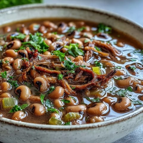 A bowl of hearty Classic New Years Black-Eyed Peas garnished with fresh parsley, showcasing the rich, savory broth and tender pork.