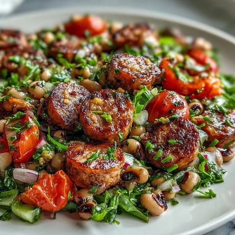Close-up of Hoppin John Style Black-Eyed Pea Salad showcasing diced red bell pepper, celery, and a glossy mustard dressing. 