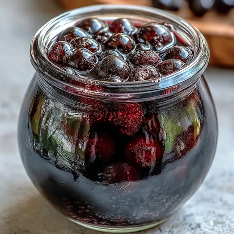 Homemade Blackcurrant Vodka Liqueur infusing in a glass jar with fresh berries and vodka.
