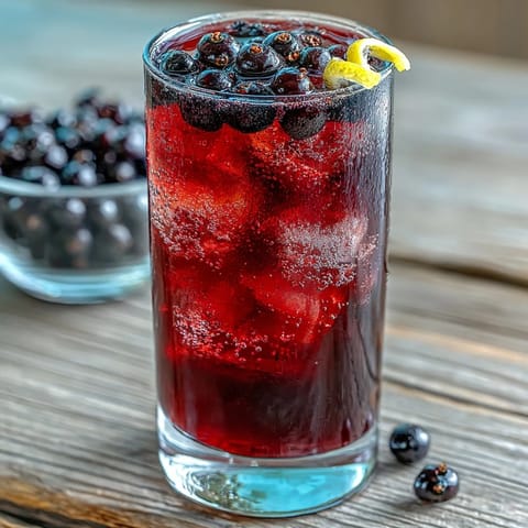 A clean overhead shot of homemade Black Currant Rum Liqueur in a decanter, surrounded by fresh blackcurrants and a cinnamon stick garnish.