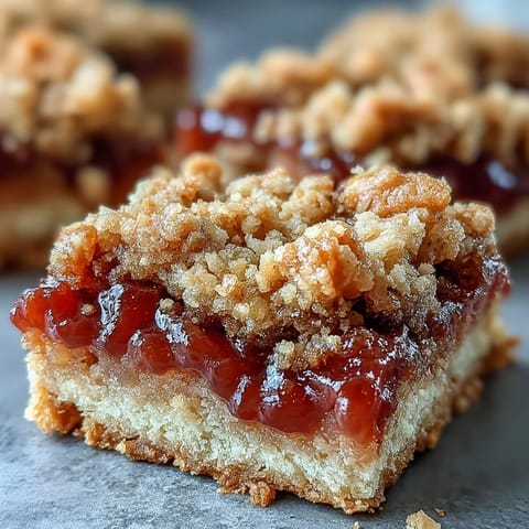 A close-up of Guava Jam Bars showing the crumbly cookie texture and vibrant tropical fruit center. 