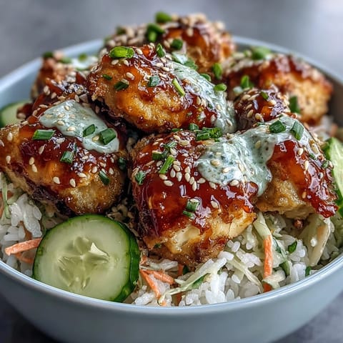 A colorful bowl of Bang Bang Chicken Bowl garnished with green onions and sesame seeds, drizzled with extra spicy sauce over crunchy red cabbage.