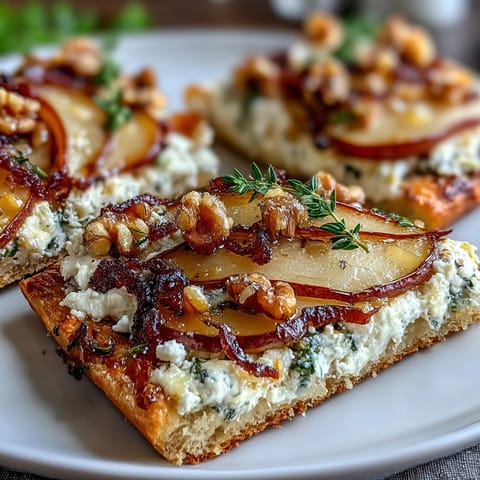 Freshly baked Goat Cheese & Pear Flatbread topped with caramelized onions, thyme, and chopped walnuts on a rustic board.