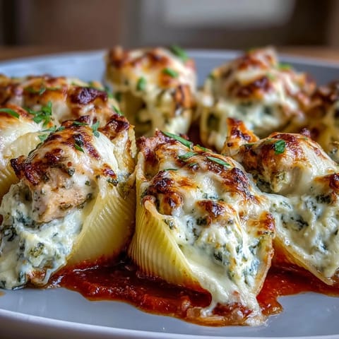 Tender jumbo pasta shells are generously stuffed with herb ricotta and pesto-coated chicken, then layered with rich marinara for serving.