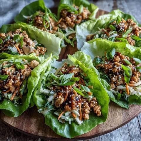 Freshly cooked Turkey Potsticker Stir-Fry Lettuce Wraps in crisp butter lettuce cups, garnished with sesame seeds and green onions.