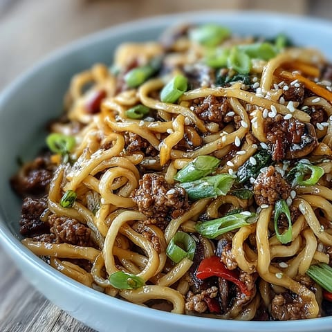 Close-up of colorful Korean Turkey Fried Noodles featuring sautéed vegetables, ground turkey, and glossy sauce.