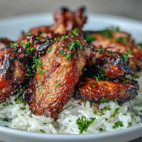 Freshly baked honey garlic chicken wings piled high next to buttery rice, perfect for game day gatherings or family dinners.