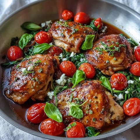 Sizzling One-Pan Balsamic Chicken with Tomatoes and Spinach served hot from the skillet, finished with a sprinkle of feta cheese.
