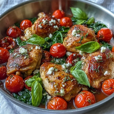 Golden-brown chicken breasts glazed in tangy balsamic sauce, topped with roasted cherry tomatoes and wilted fresh spinach leaves.