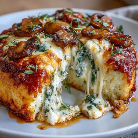 Creamy cottage cheese pizza bowl with marinara, bell peppers, mushrooms, and melted mozzarella cheese baked to bubbly perfection.