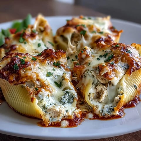 Golden jumbo pasta shells filled with basil pesto chicken and ricotta, baked to bubbly perfection in savory marinara.  