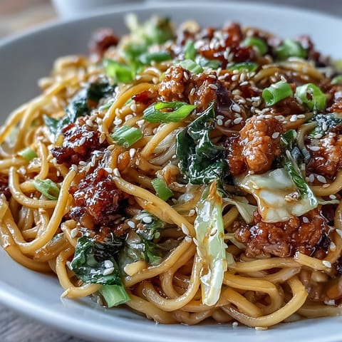 Flavorful Korean-inspired turkey fried noodles tossed with fresh bell peppers, carrots, and cabbage, garnished with sesame seeds and green onions.