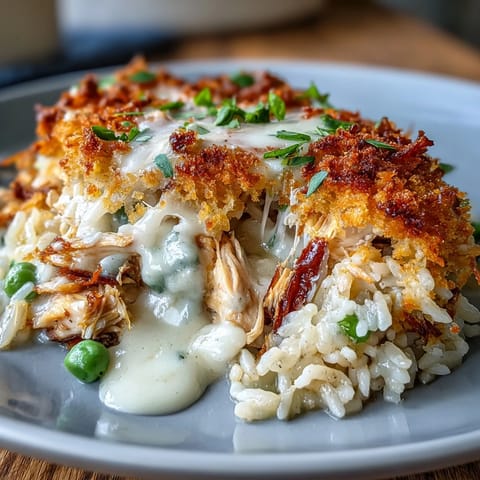 A comforting casserole featuring shredded chicken, creamy garlic-Parmesan sauce, and fluffy rice, baked until bubbly.  