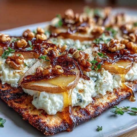Golden-baked flatbread topped with a blend of goat cheese and cream cheese, fresh pear, walnuts, and a spicy hot honey finish for a sweet-heat appetizer.  