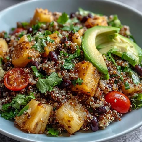 Vibrant Tropical Quinoa Salad with Pineapple and Black Beans, featuring a medley of diced pineapple, crisp bell peppers, and creamy avocado, perfect for a refreshing vegan lunch or side dish.
