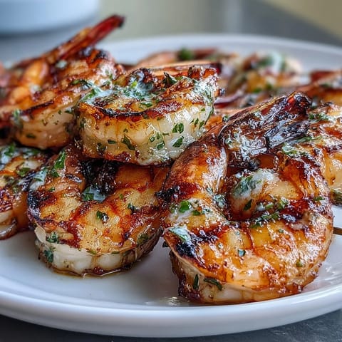 Fresh shrimp threaded on skewers, coated in a zesty lemon and herb marinade, grilled until golden and tender.  