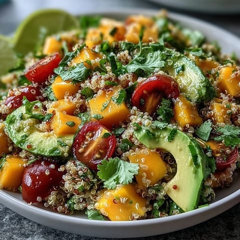 Refreshing quinoa salad with ripe mango, creamy avocado, and zesty lime dressing, perfect for healthy summer lunches or picnics.  