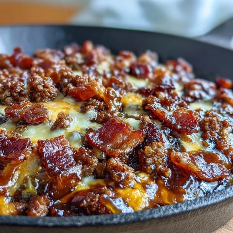 Keto BBQ Bacon Cheeseburger Skillet sizzling in a cast-iron pan with melted cheddar and crispy bacon.  