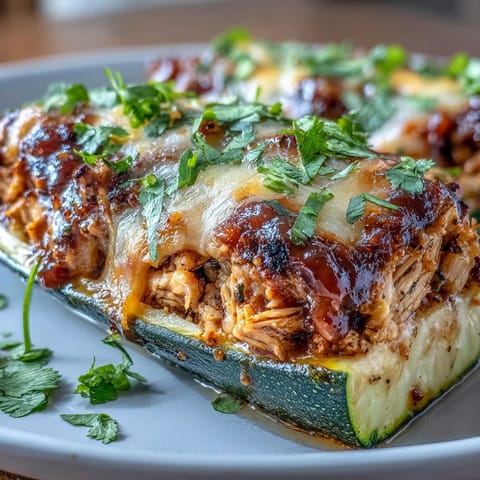 2. Healthy BBQ chicken stuffed zucchini boats topped with gooey cheddar cheese and fresh cilantro for a low-carb dinner.