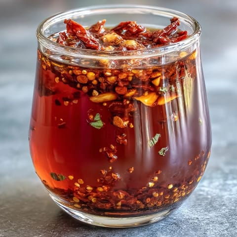 Golden Spicy Calabrian Chili Oil with garlic slices and crushed chilies, a bold and aromatic condiment to elevate grilled meats or roasted vegetables.  