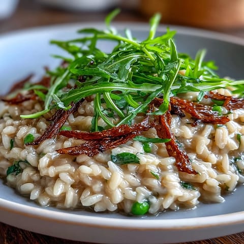 A bowl of creamy truffle risotto topped with fresh pea shoots and shaved black truffle, rich and aromatic.