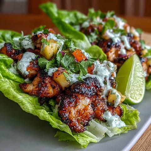 Fresh Caribbean-inspired jerk chicken lettuce cups topped with vibrant mango salsa and tangy coconut yogurt sauce for a healthy, gluten-free meal.  