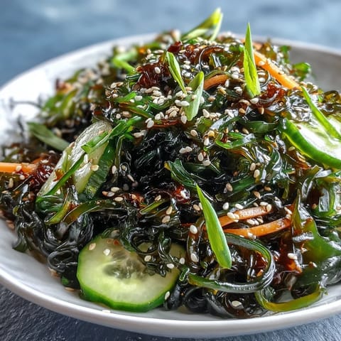 Seaweed Salad with Ponzu: Refreshing mix of tender seaweed, crisp vegetables, and tangy ponzu dressing with sesame seeds and ginger.  
