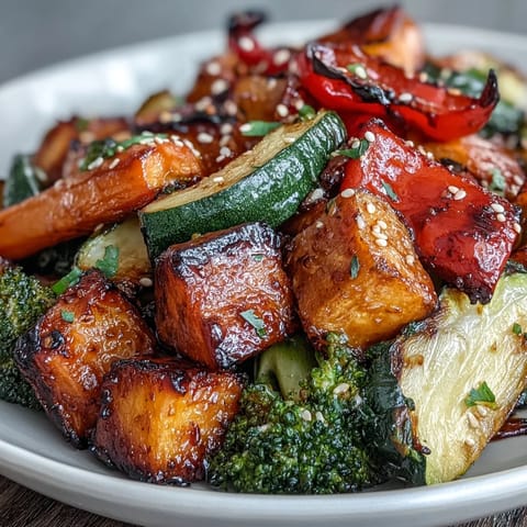 Vibrant roasted vegetables glazed with savory miso-butter sauce, caramelized and tender, perfect as a comforting vegetarian side dish.