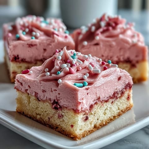 Buttery sugar cookie bars topped with creamy, naturally flavored strawberry frosting and colorful heart-shaped sprinkles.  