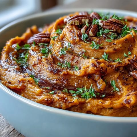 A warm bowl of creamy candied yams mashed with butter, cinnamon, and brown sugar, garnished with chopped pecans.  
