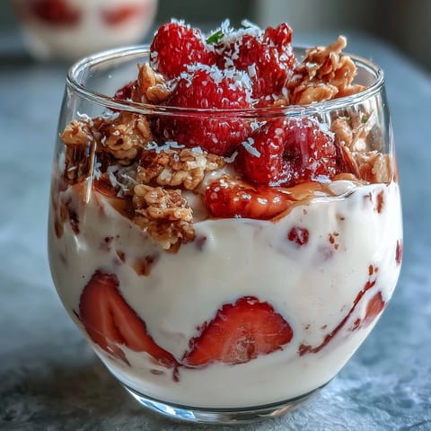 A colorful Galentines brunch strawberry yogurt parfait bar with creamy Greek yogurt and fresh berries.