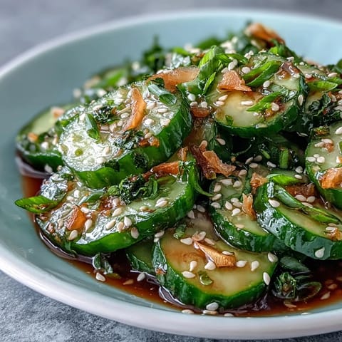 Crunchy cucumber salad with julienned carrots and spring onions, drizzled in umami-rich soy dressing—a refreshing vegan side dish.  