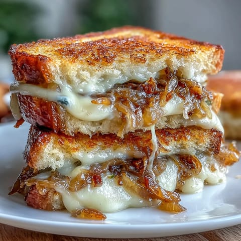 Sourdough French Onion Grilled Cheese Sandwich with caramelized onions and melted Gruyère on crispy sourdough bread.  