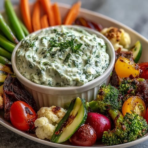 Kid-friendly Little Sprout Veggie Platter with Green Goddess Dip, showcasing crisp cucumber slices, broccoli, and colorful bell peppers.