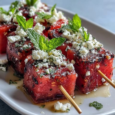 Refreshing melon and feta bites drizzled with olive oil, garnished with mint for a Mediterranean twist.  