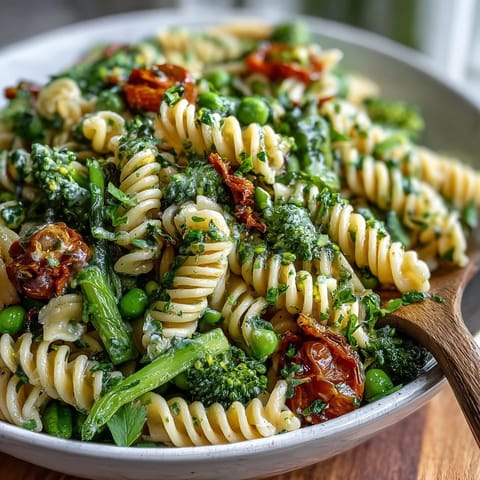 Colorful garden pasta salad featuring tender broccoli, sweet peas, and cherry tomatoes in zesty dressing.  