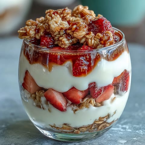 Elegant bite-sized parfaits featuring vibrant strawberries, smooth Greek yogurt, and crisp granola in stylish shot glasses.  