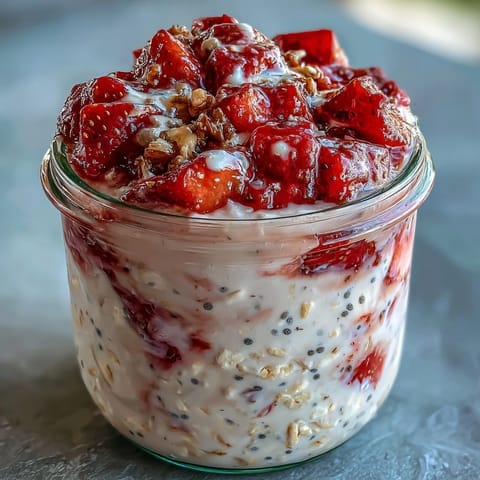Creamy overnight oats swirled with juicy strawberries, tangy lemon zest, and crunchy poppy seeds, served chilled in a glass jar.  