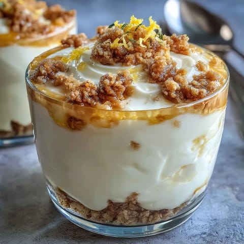 Fluffy Yogurt Lemon Parfait with Sourdough Crumb Topping: layers of tangy yogurt, bright lemon curd, and crisp sourdough crumbs for a delightful treat.