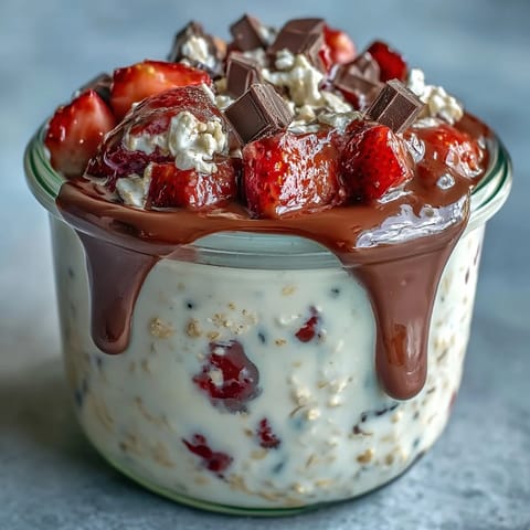 A beautiful jar of overnight oats dessert, featuring sweet strawberries, decadent chocolate chunks, and a creamy oat base for a healthy treat.