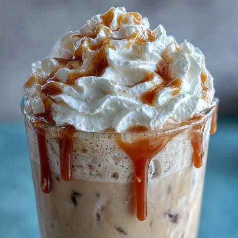 Refreshing blended vanilla coffee drink topped with fluffy whipped cream and rich caramel sauce.  