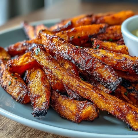 Delicious air fryer sweet potato fries tossed in smoked paprika, paired with zesty homemade garlic aioli.  