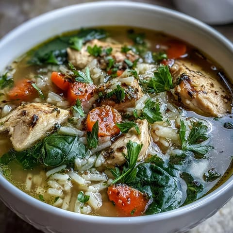 A steaming bowl of hearty one-pot chicken and rice soup, filled with tender chicken, fresh vegetables, and fluffy rice in savory broth.