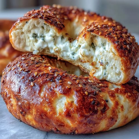 Soft, homemade cottage cheese protein bagels topped with everything bagel seasoning, ready for slicing and spreading with your favorite toppings.  